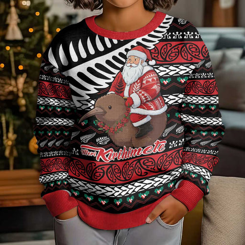 New Zealand Kiwi Santa Christmas Kid Ugly Christmas Sweater He Wairua Kirihimete - Aussie Hoodie