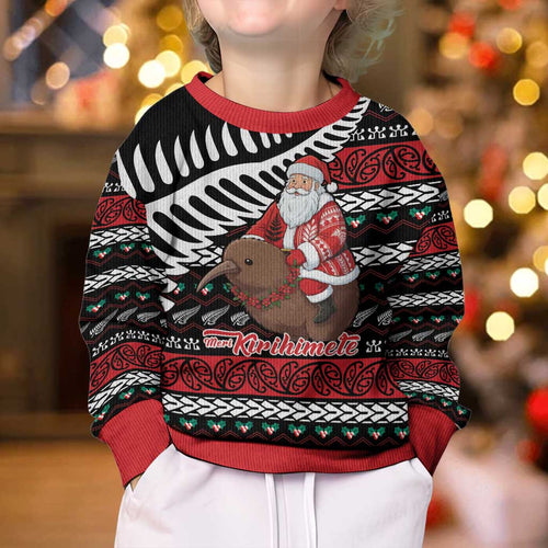 New Zealand Kiwi Santa Christmas Kid Ugly Christmas Sweater He Wairua Kirihimete - Aussie Hoodie