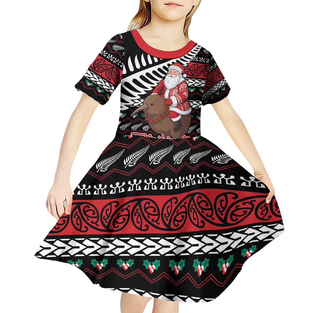 New Zealand Kiwi Santa Christmas Kid Short Sleeve Dress He Wairua Kirihimete - Aussie Hoodie