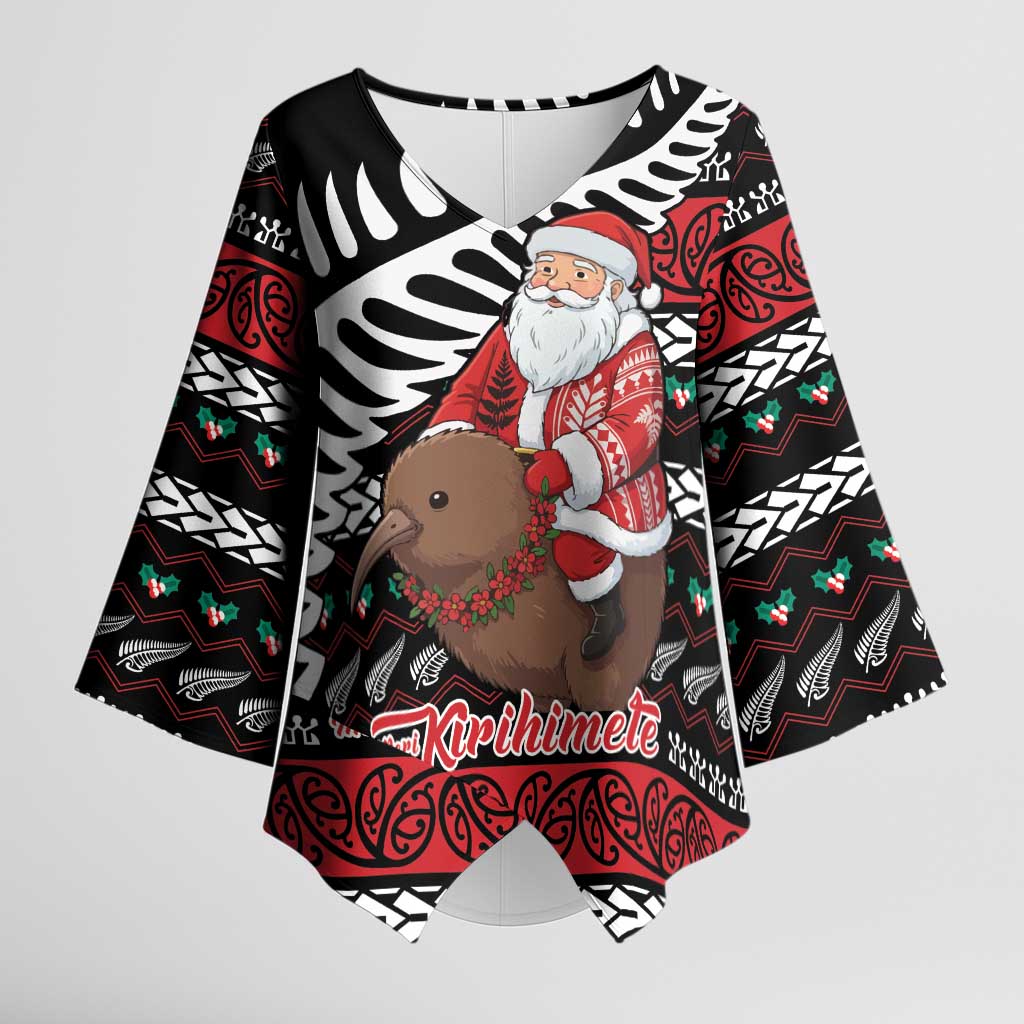 New Zealand Kiwi Santa Christmas Kimono Sleeve Blouse He Wairua Kirihimete - Aussie Hoodie