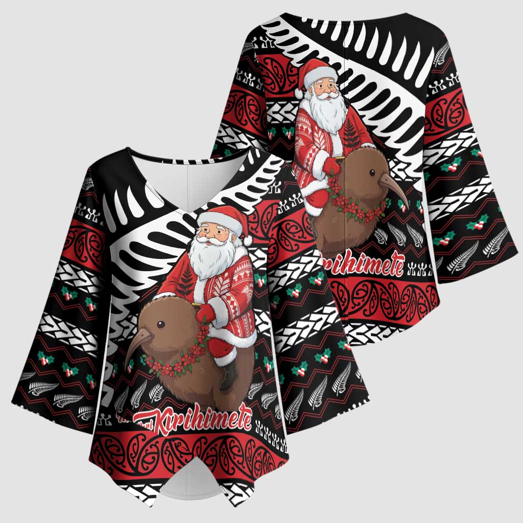 New Zealand Kiwi Santa Christmas Kimono Sleeve Blouse He Wairua Kirihimete - Aussie Hoodie