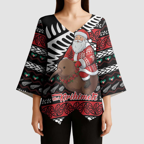 New Zealand Kiwi Santa Christmas Kimono Sleeve Blouse He Wairua Kirihimete - Aussie Hoodie