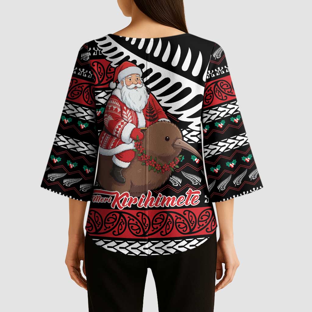 New Zealand Kiwi Santa Christmas Kimono Sleeve Blouse He Wairua Kirihimete - Aussie Hoodie
