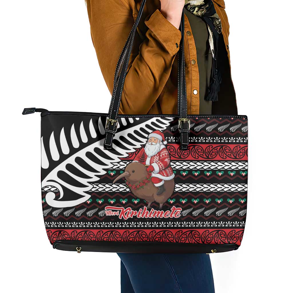 New Zealand Kiwi Santa Christmas Leather Tote Bag He Wairua Kirihimete - Aussie Hoodie