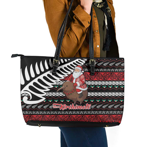 New Zealand Kiwi Santa Christmas Leather Tote Bag He Wairua Kirihimete - Aussie Hoodie