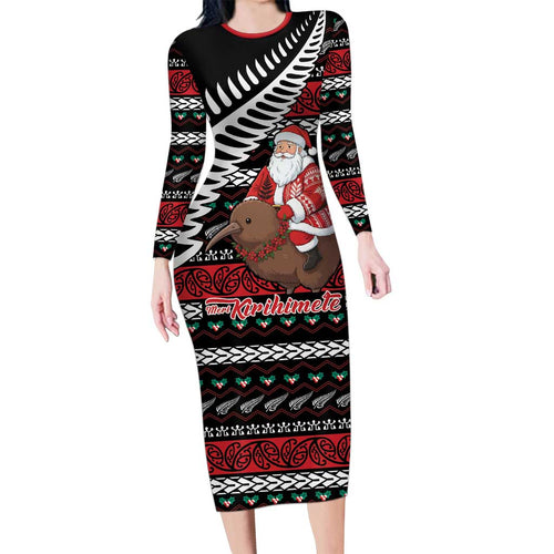 New Zealand Kiwi Santa Christmas Long Sleeve Bodycon Dress He Wairua Kirihimete - Aussie Hoodie