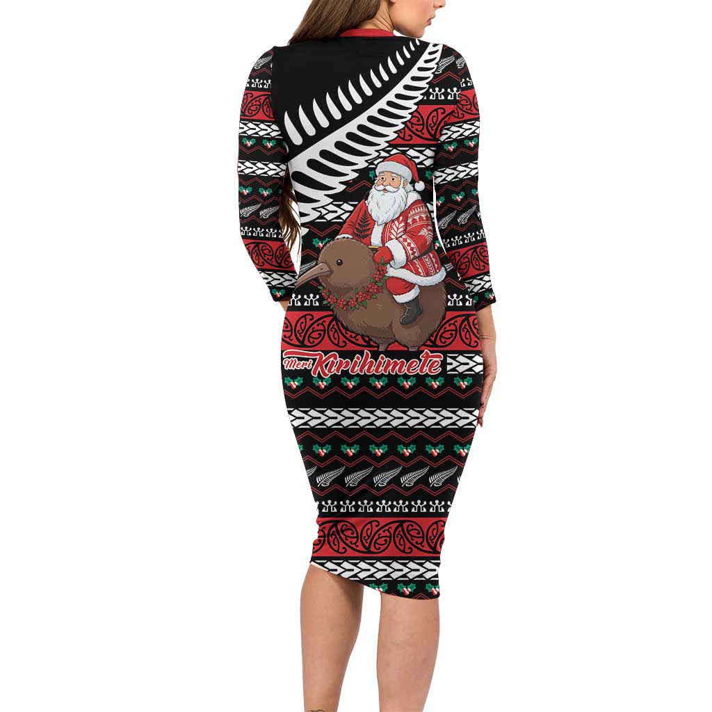 New Zealand Kiwi Santa Christmas Long Sleeve Bodycon Dress He Wairua Kirihimete - Aussie Hoodie