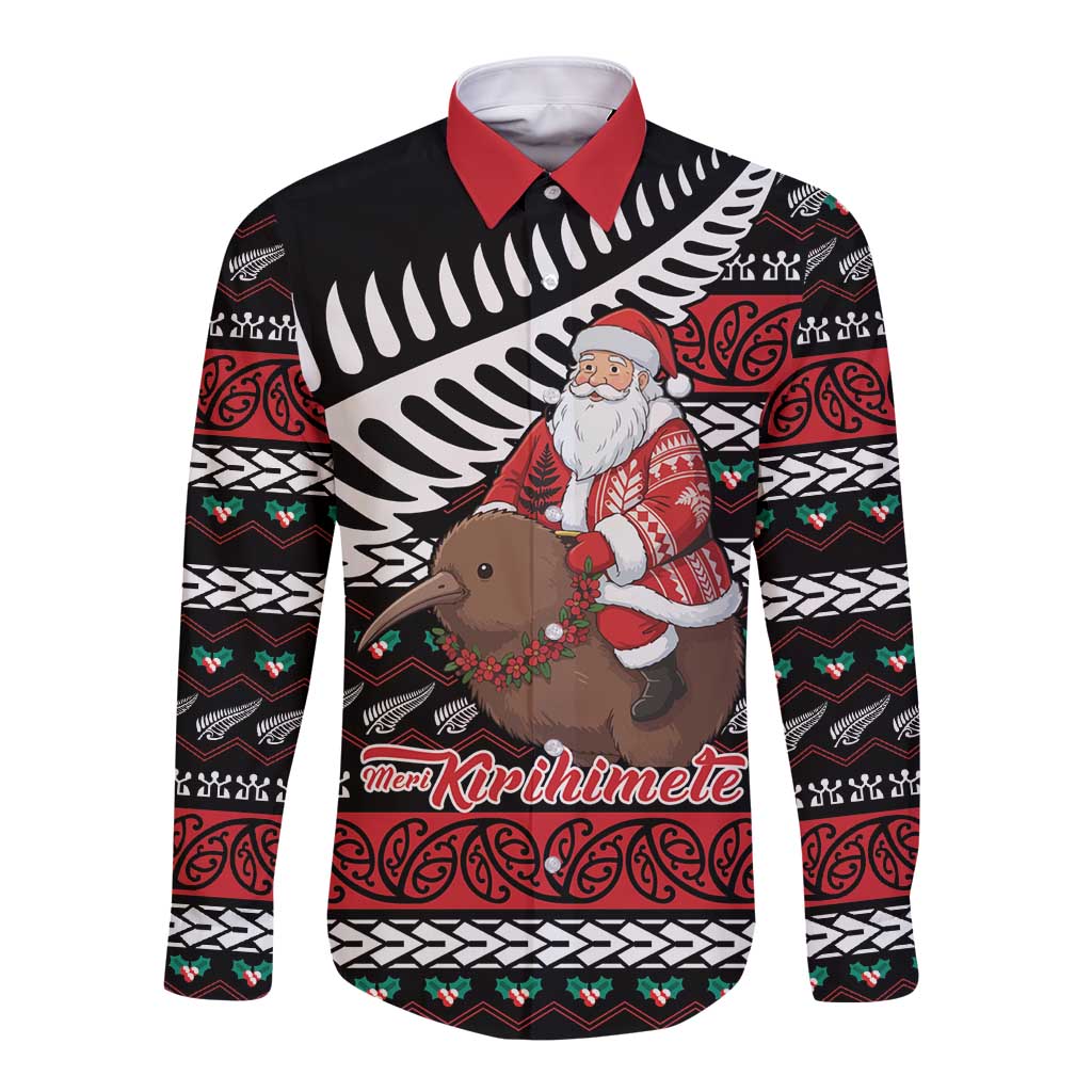 New Zealand Kiwi Santa Christmas Long Sleeve Button Shirt He Wairua Kirihimete - Aussie Hoodie