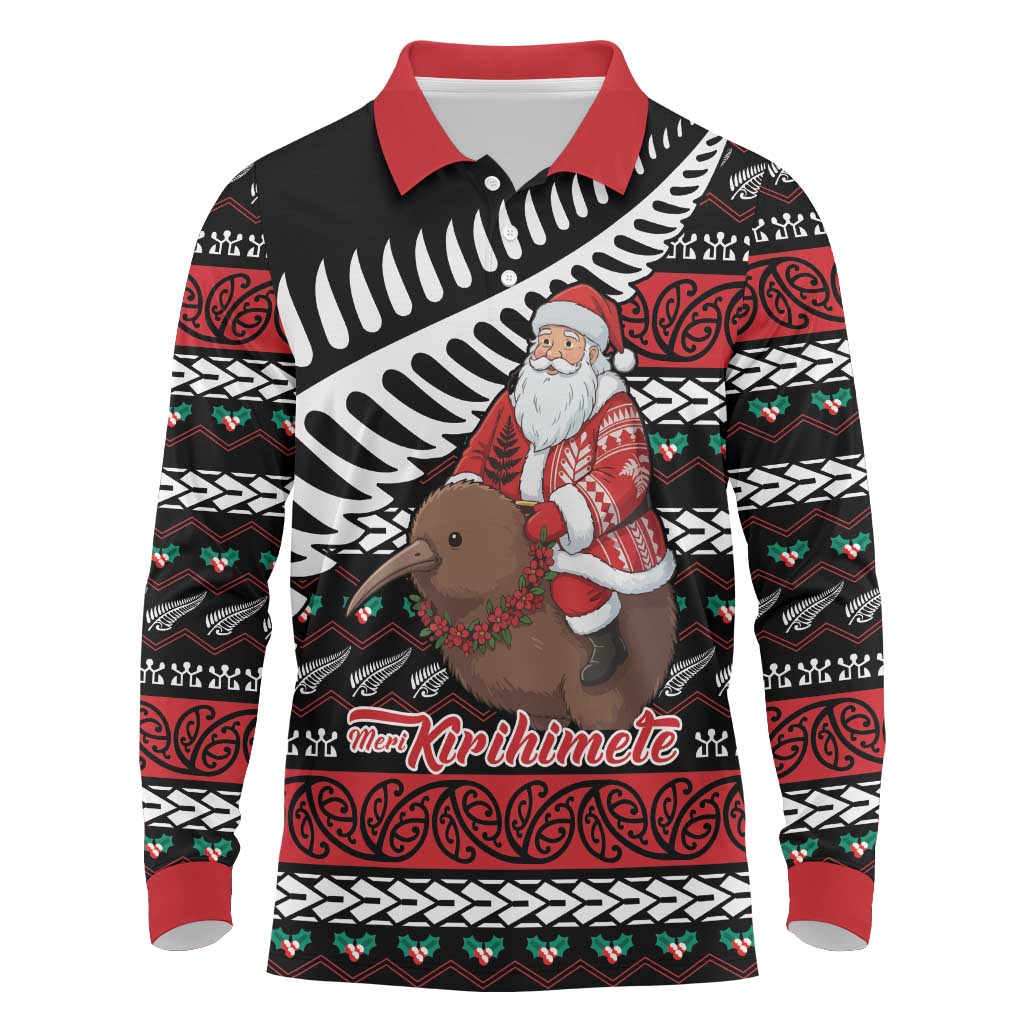 New Zealand Kiwi Santa Christmas Long Sleeve Polo Shirt He Wairua Kirihimete - Aussie Hoodie