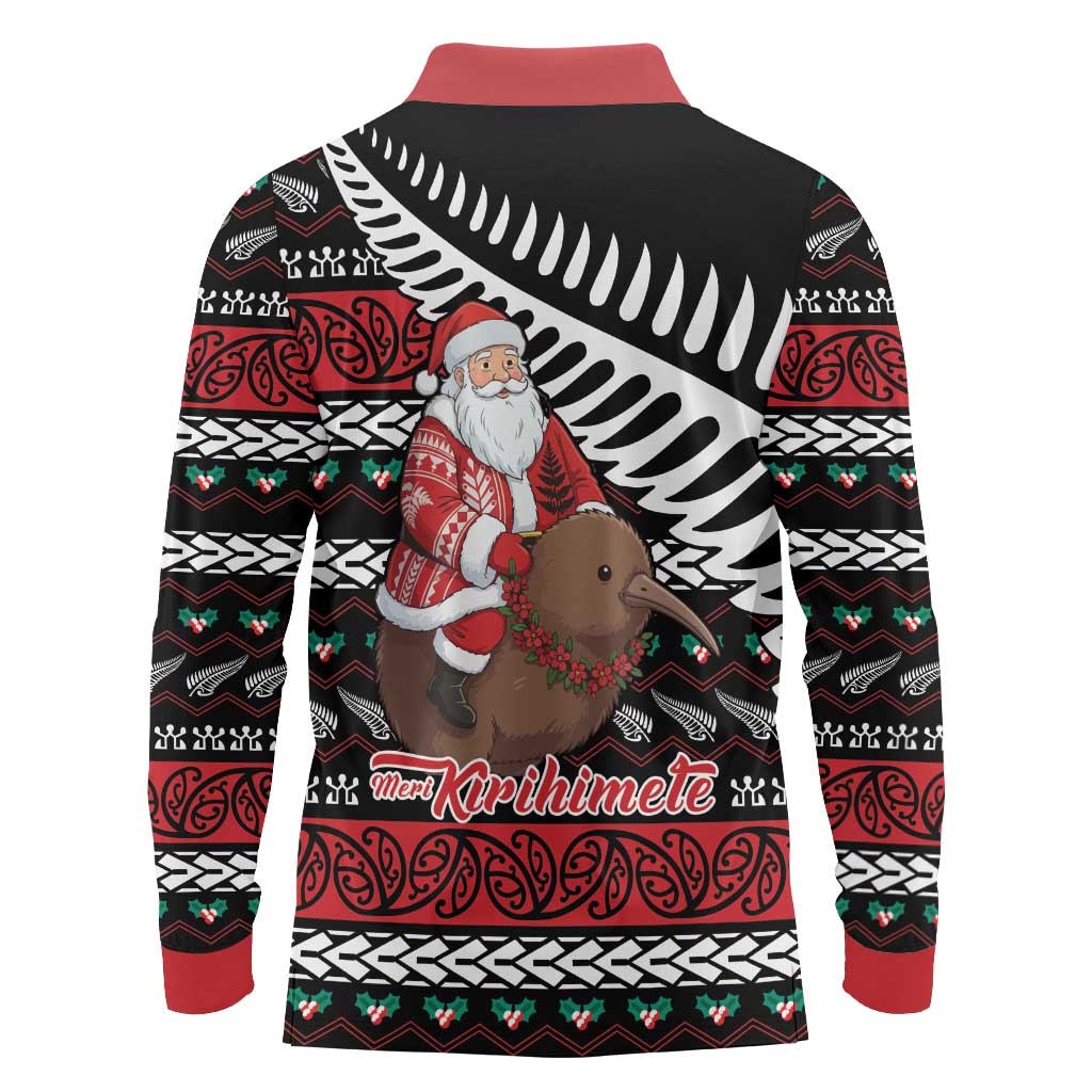 New Zealand Kiwi Santa Christmas Long Sleeve Polo Shirt He Wairua Kirihimete - Aussie Hoodie