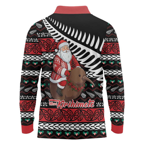New Zealand Kiwi Santa Christmas Long Sleeve Polo Shirt He Wairua Kirihimete - Aussie Hoodie