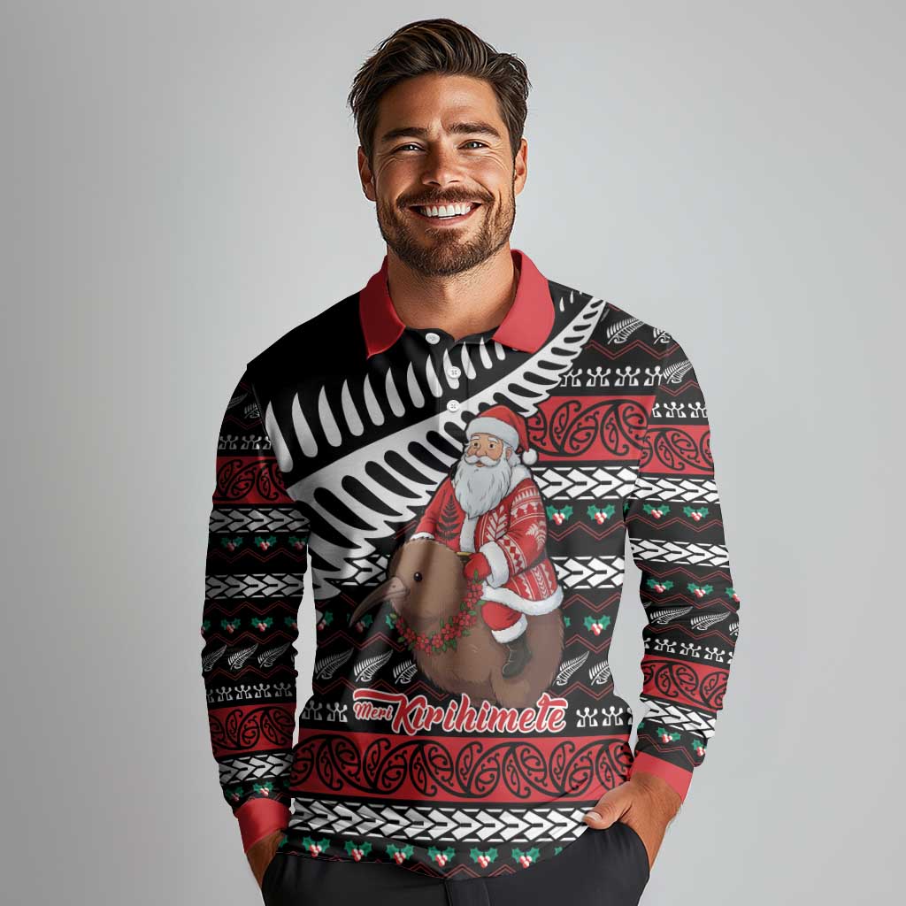 New Zealand Kiwi Santa Christmas Long Sleeve Polo Shirt He Wairua Kirihimete - Aussie Hoodie