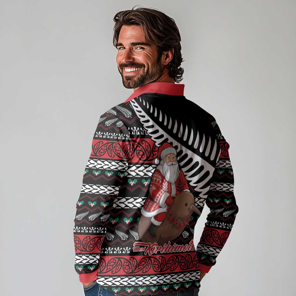 New Zealand Kiwi Santa Christmas Long Sleeve Polo Shirt He Wairua Kirihimete - Aussie Hoodie