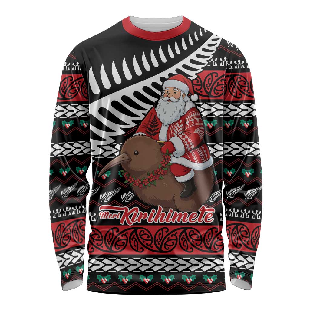New Zealand Kiwi Santa Christmas Long Sleeve Shirt He Wairua Kirihimete - Aussie Hoodie