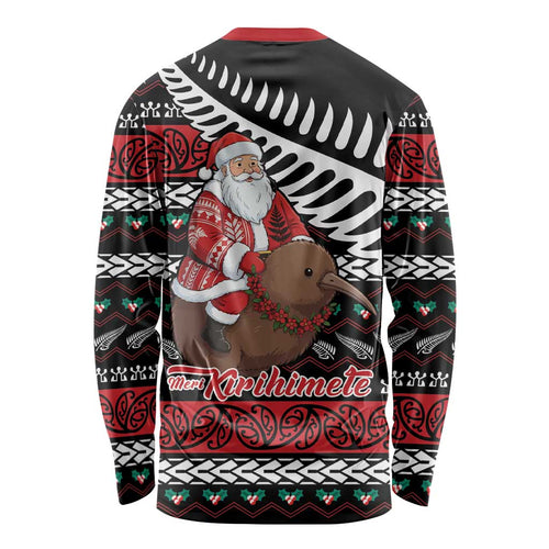 New Zealand Kiwi Santa Christmas Long Sleeve Shirt He Wairua Kirihimete - Aussie Hoodie