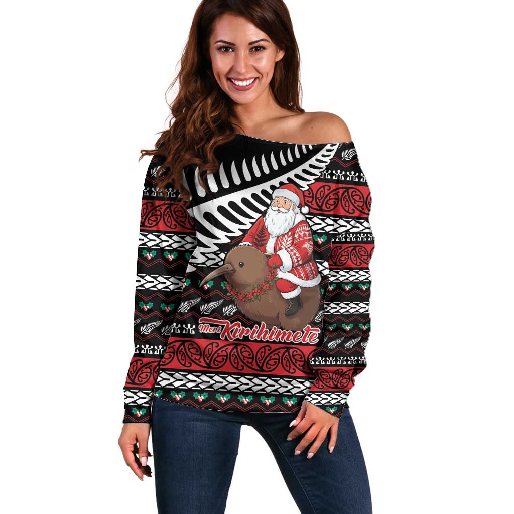 New Zealand Kiwi Santa Christmas Off Shoulder Sweater He Wairua Kirihimete - Aussie Hoodie