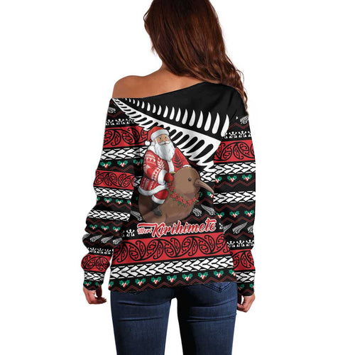 New Zealand Kiwi Santa Christmas Off Shoulder Sweater He Wairua Kirihimete - Aussie Hoodie