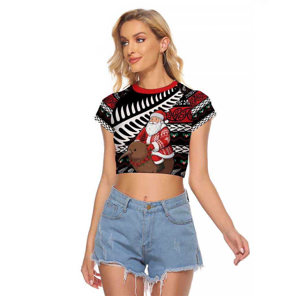 New Zealand Kiwi Santa Christmas Raglan Cropped T Shirt He Wairua Kirihimete - Aussie Hoodie