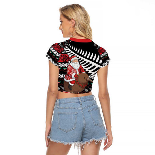 New Zealand Kiwi Santa Christmas Raglan Cropped T Shirt He Wairua Kirihimete - Aussie Hoodie