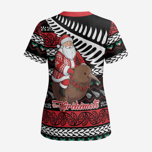 New Zealand Kiwi Santa Christmas Scrub Top He Wairua Kirihimete - Aussie Hoodie