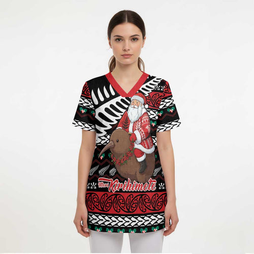New Zealand Kiwi Santa Christmas Scrub Top He Wairua Kirihimete - Aussie Hoodie
