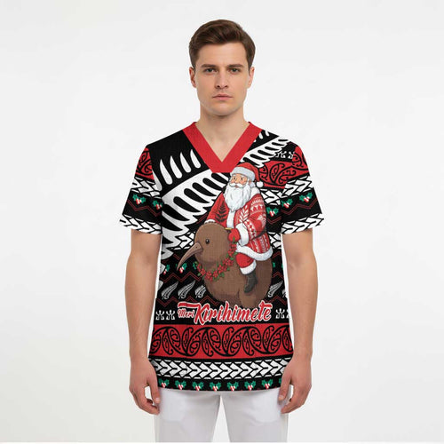 New Zealand Kiwi Santa Christmas Scrub Top He Wairua Kirihimete - Aussie Hoodie