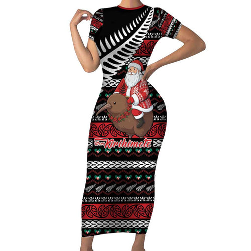 New Zealand Kiwi Santa Christmas Short Sleeve Bodycon Dress He Wairua Kirihimete - Aussie Hoodie