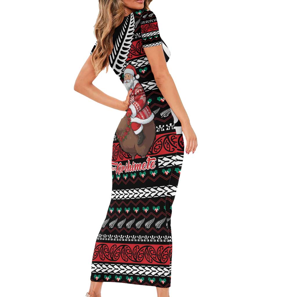 New Zealand Kiwi Santa Christmas Short Sleeve Bodycon Dress He Wairua Kirihimete - Aussie Hoodie