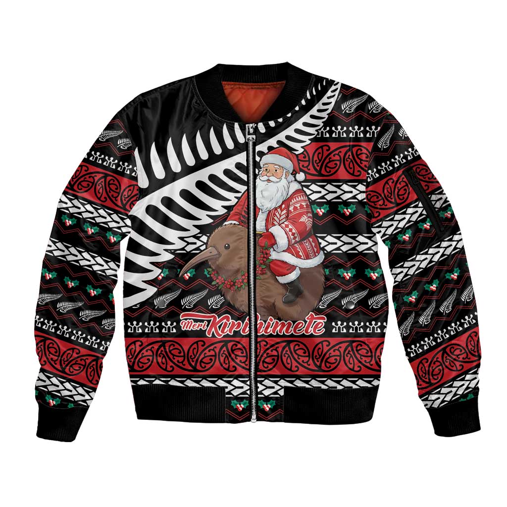 New Zealand Kiwi Santa Christmas Sleeve Zip Bomber Jacket He Wairua Kirihimete - Aussie Hoodie