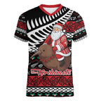 New Zealand Kiwi Santa Christmas Women V-Neck T-Shirt He Wairua Kirihimete - Aussie Hoodie
