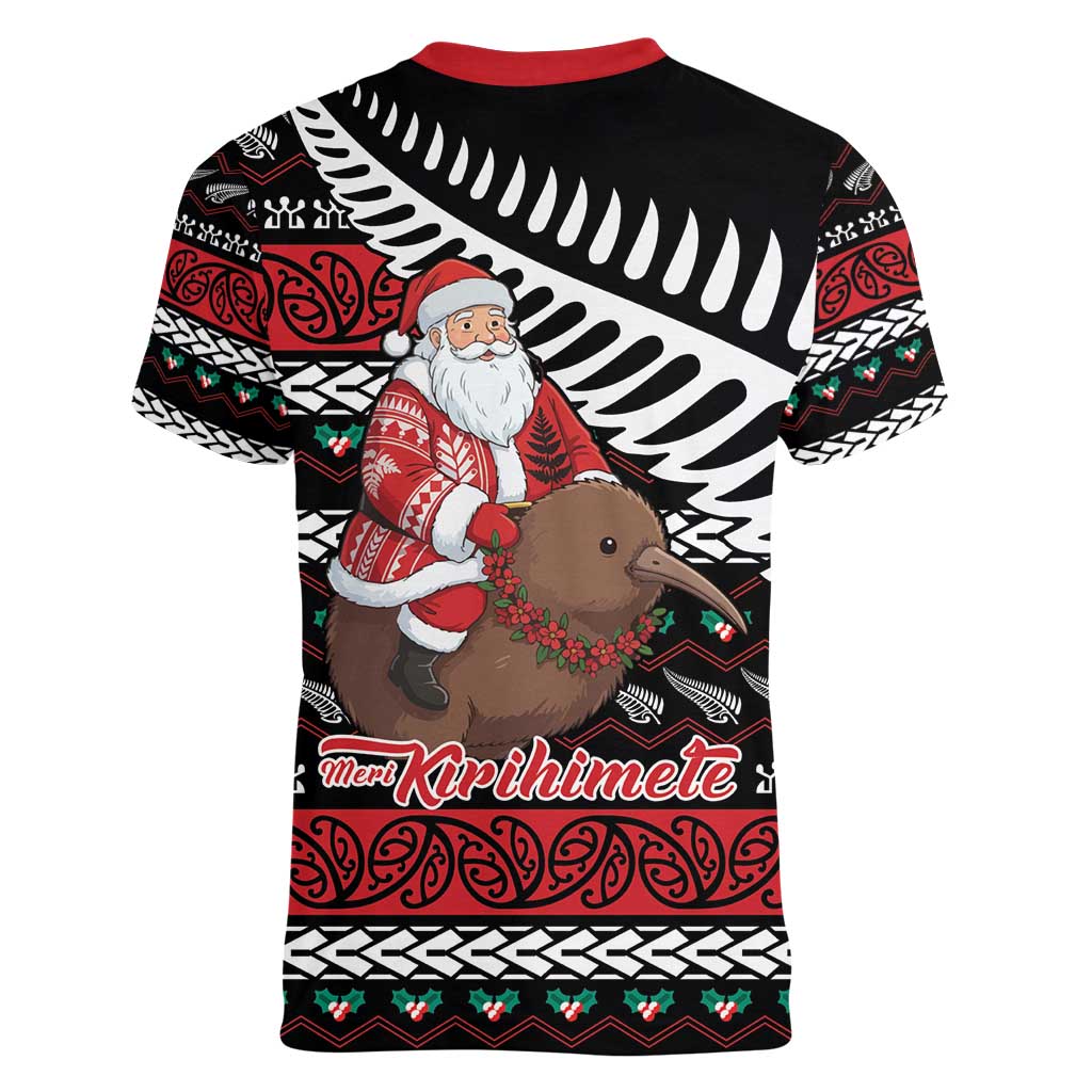 New Zealand Kiwi Santa Christmas Women V-Neck T-Shirt He Wairua Kirihimete - Aussie Hoodie