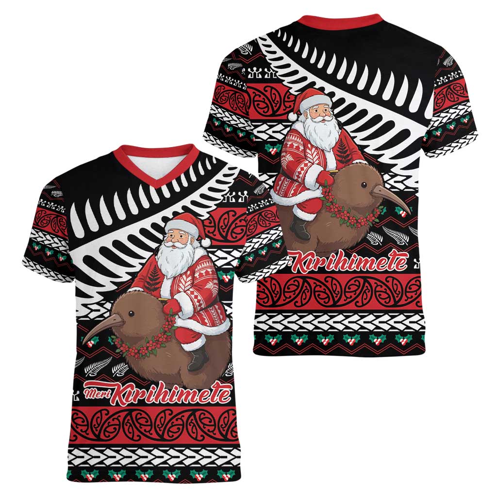 New Zealand Kiwi Santa Christmas Women V-Neck T-Shirt He Wairua Kirihimete - Aussie Hoodie