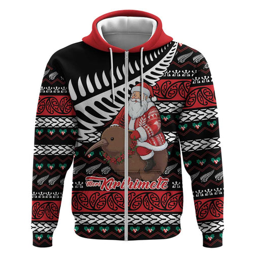 New Zealand Kiwi Santa Christmas Zip Hoodie He Wairua Kirihimete - Aussie Hoodie