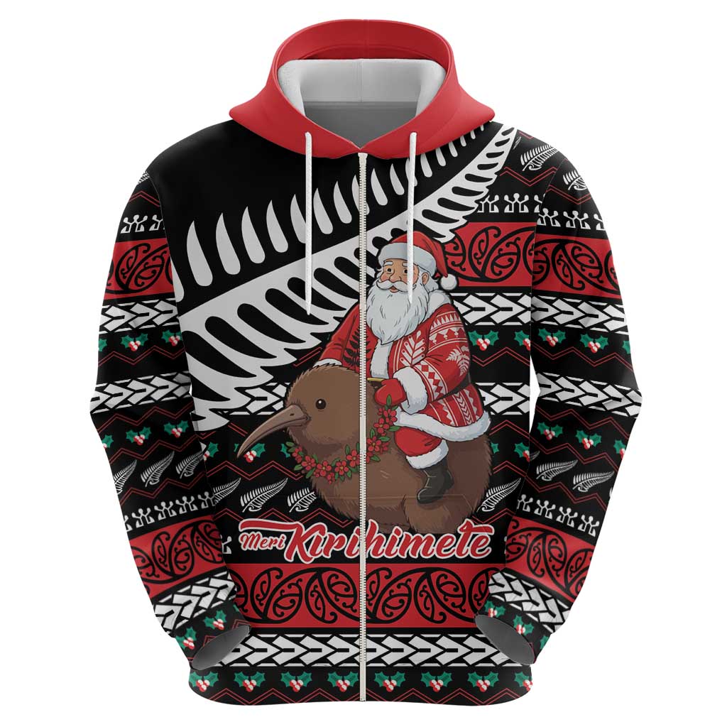 New Zealand Kiwi Santa Christmas Zip Hoodie He Wairua Kirihimete - Aussie Hoodie