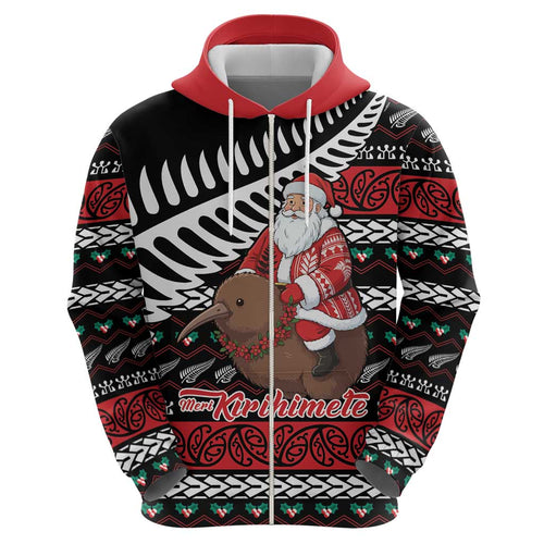 New Zealand Kiwi Santa Christmas Zip Hoodie He Wairua Kirihimete - Aussie Hoodie