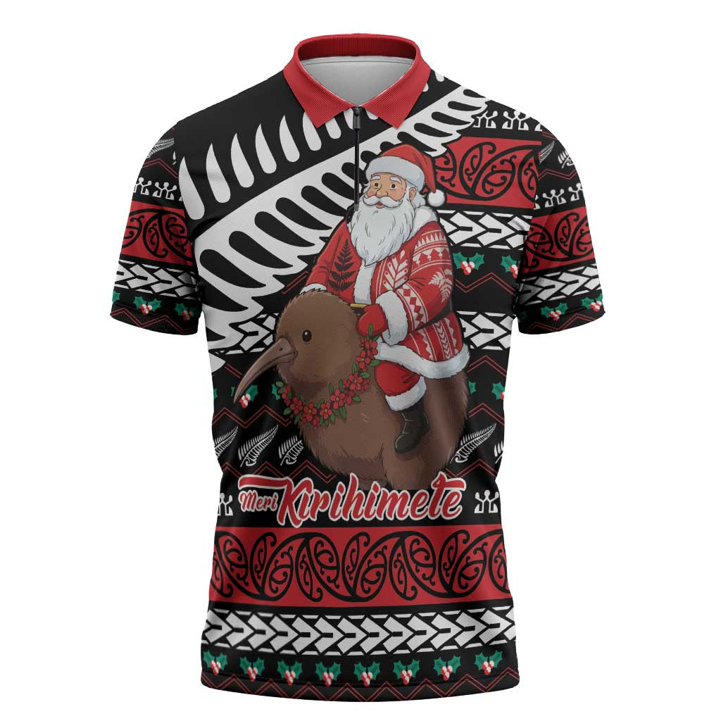 New Zealand Kiwi Santa Christmas Zipper Polo Shirt He Wairua Kirihimete - Aussie Hoodie
