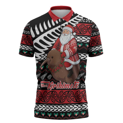 New Zealand Kiwi Santa Christmas Zipper Polo Shirt He Wairua Kirihimete - Aussie Hoodie