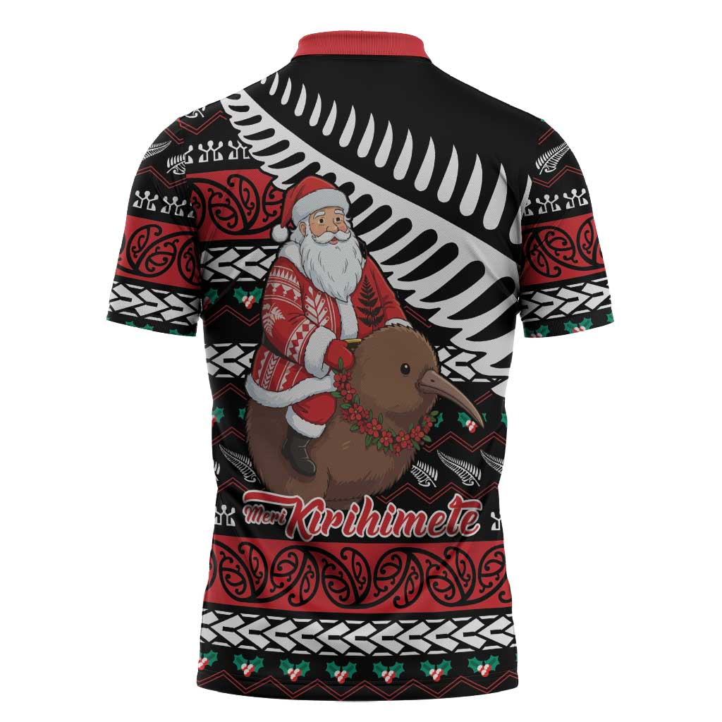 New Zealand Kiwi Santa Christmas Zipper Polo Shirt He Wairua Kirihimete - Aussie Hoodie
