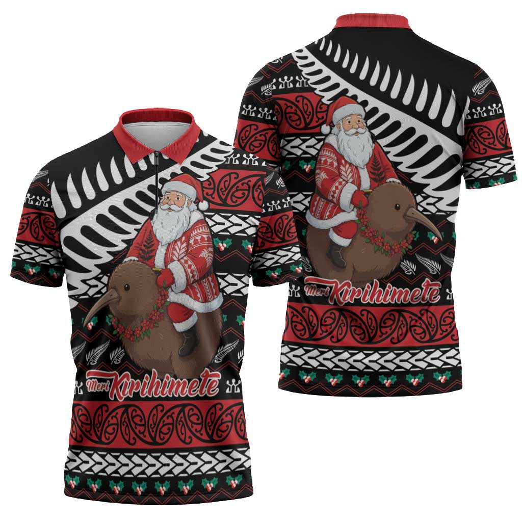 New Zealand Kiwi Santa Christmas Zipper Polo Shirt He Wairua Kirihimete - Aussie Hoodie