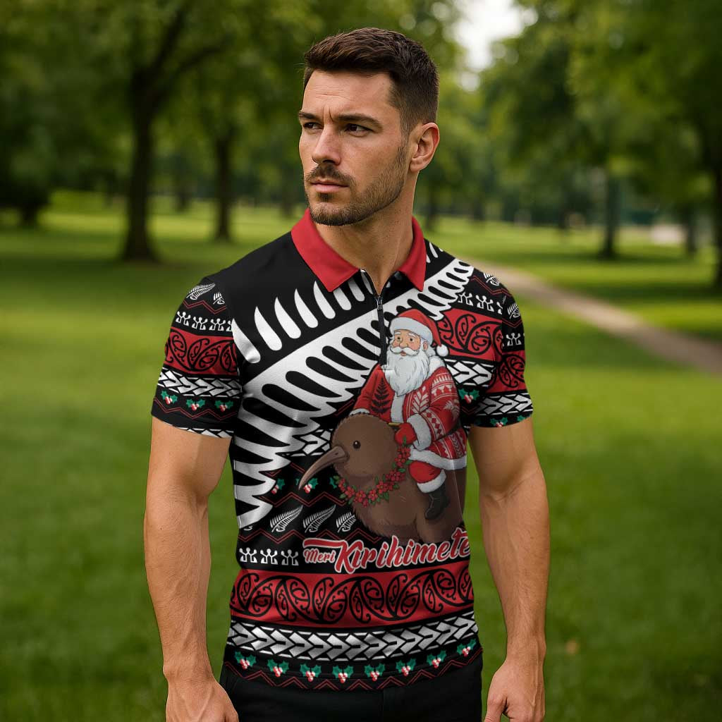 New Zealand Kiwi Santa Christmas Zipper Polo Shirt He Wairua Kirihimete - Aussie Hoodie