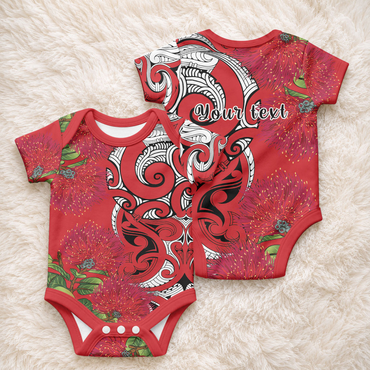 Personalised New Zealand Koru Pohutukawa Baby Onesie Meri Kirihimete Aroha for Christmas