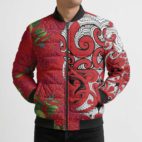 Personalised New Zealand Koru Pohutukawa Bomber Puffer Jacket Meri Kirihimete Aroha for Christmas - Aussie Hoodie