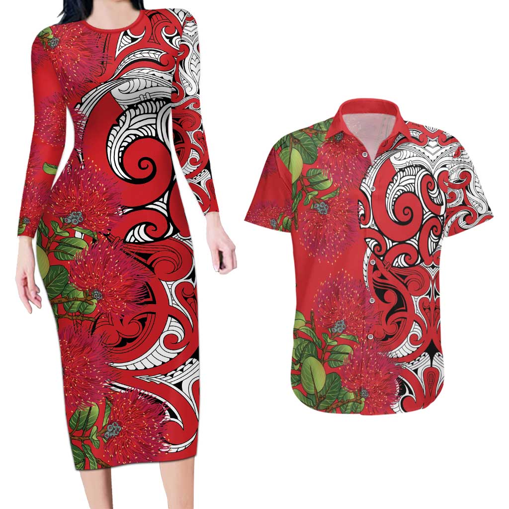 Personalised New Zealand Koru Pohutukawa Couples Matching Long Sleeve Bodycon Dress and Hawaiian Shirt Meri Kirihimete Aroha for Christmas - Aussie Hoodie
