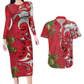 Personalised New Zealand Koru Pohutukawa Couples Matching Long Sleeve Bodycon Dress and Hawaiian Shirt Meri Kirihimete Aroha for Christmas - Aussie Hoodie