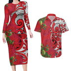 Personalised New Zealand Koru Pohutukawa Couples Matching Long Sleeve Bodycon Dress and Hawaiian Shirt Meri Kirihimete Aroha for Christmas - Aussie Hoodie