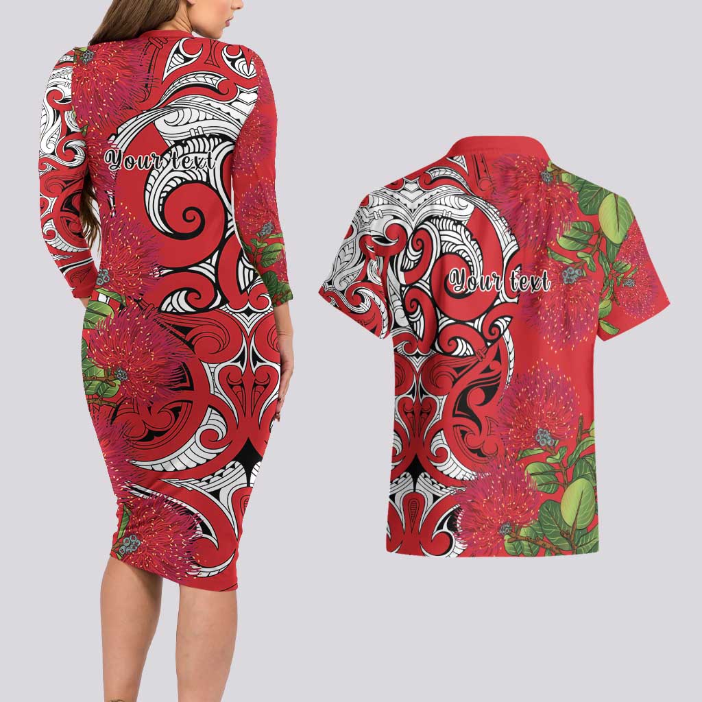 Personalised New Zealand Koru Pohutukawa Couples Matching Long Sleeve Bodycon Dress and Hawaiian Shirt Meri Kirihimete Aroha for Christmas - Aussie Hoodie