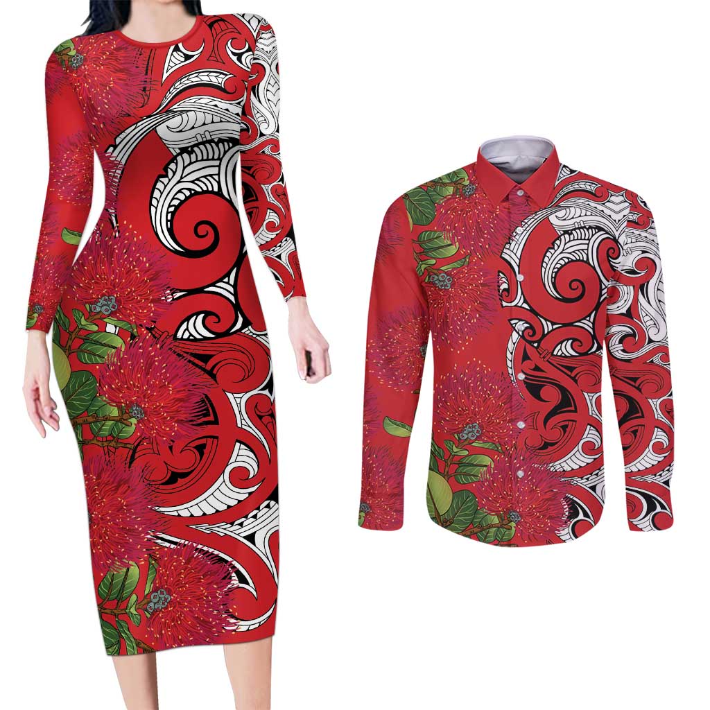 Personalised New Zealand Koru Pohutukawa Couples Matching Long Sleeve Bodycon Dress and Long Sleeve Button Shirt Meri Kirihimete Aroha for Christmas - Aussie Hoodie
