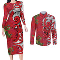Personalised New Zealand Koru Pohutukawa Couples Matching Long Sleeve Bodycon Dress and Long Sleeve Button Shirt Meri Kirihimete Aroha for Christmas - Aussie Hoodie