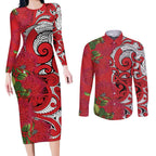 Personalised New Zealand Koru Pohutukawa Couples Matching Long Sleeve Bodycon Dress and Long Sleeve Button Shirt Meri Kirihimete Aroha for Christmas - Aussie Hoodie
