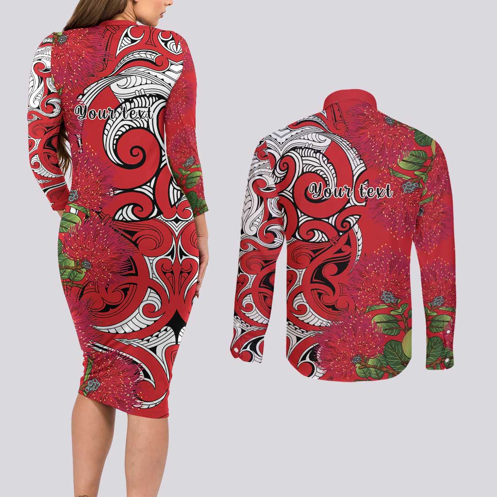 Personalised New Zealand Koru Pohutukawa Couples Matching Long Sleeve Bodycon Dress and Long Sleeve Button Shirt Meri Kirihimete Aroha for Christmas - Aussie Hoodie